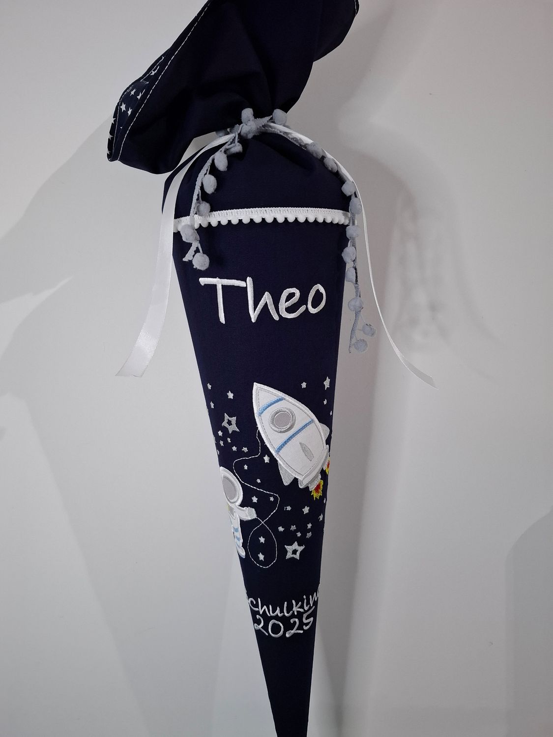 Schultüte aus Stoff "Weltraum & Rakete" – Navy/Weiß – 70cm