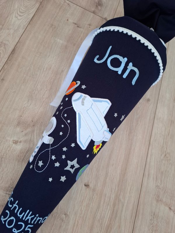 Schultüte aus Stoff "Weltraum & Shuttle" – Navy/Hellblau – 70cm