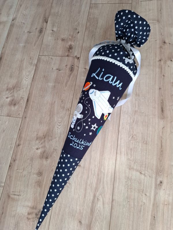 Schultüte Spaceshuttle geteilt - dunkelblaue Sterne &  hellblaue Schrift