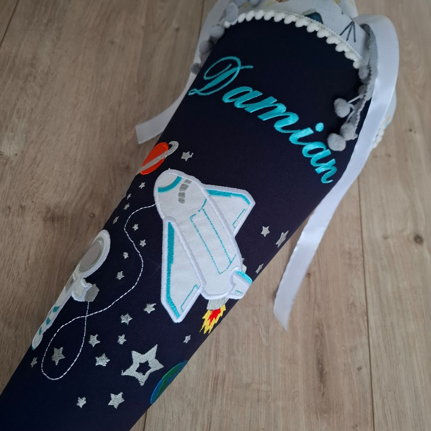 Schultüte aus Stoff  Spaceshuttle Navy/Türkis  – 70cm