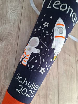 Schultüte aus Stoff Weltraum & Rakete – Navy/Orange – 70cm
