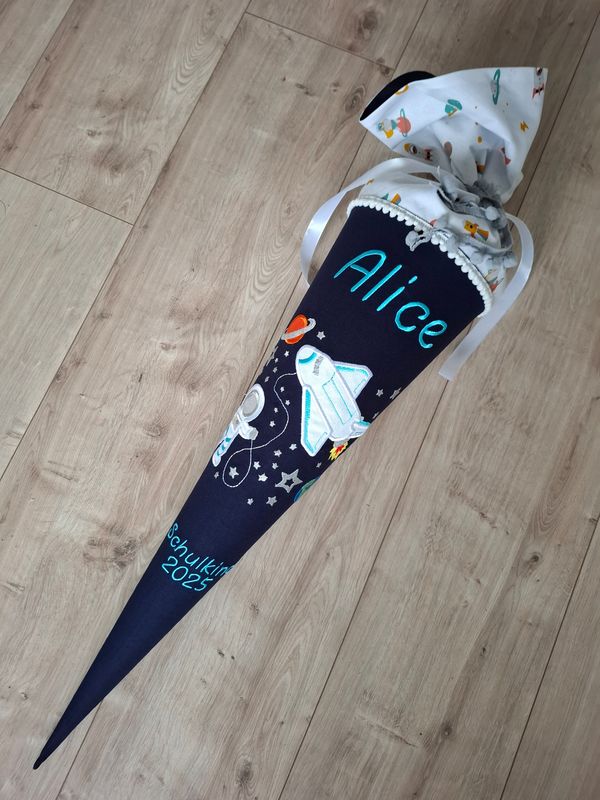 Schultüte Spaceshuttle helle Tülle mit Bärenastronaut &  türkis Schrift