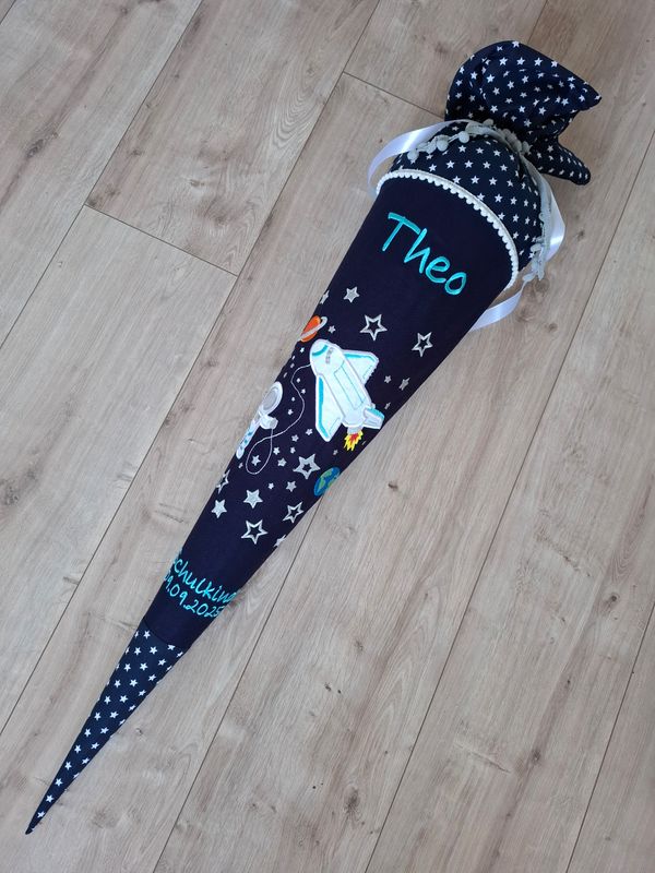 Schultüte Spaceshuttle geteilt - dunkelblaue Sterne &  türkis Schrift