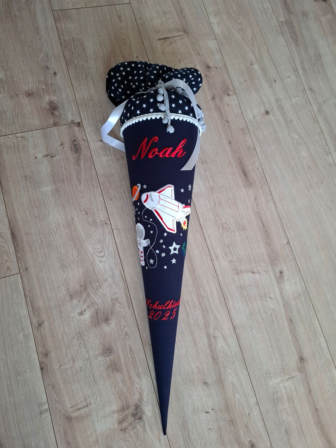 Schultüte Spaceshuttle dunkelblauer Canvas - blaue Sterne &  rote Schrift