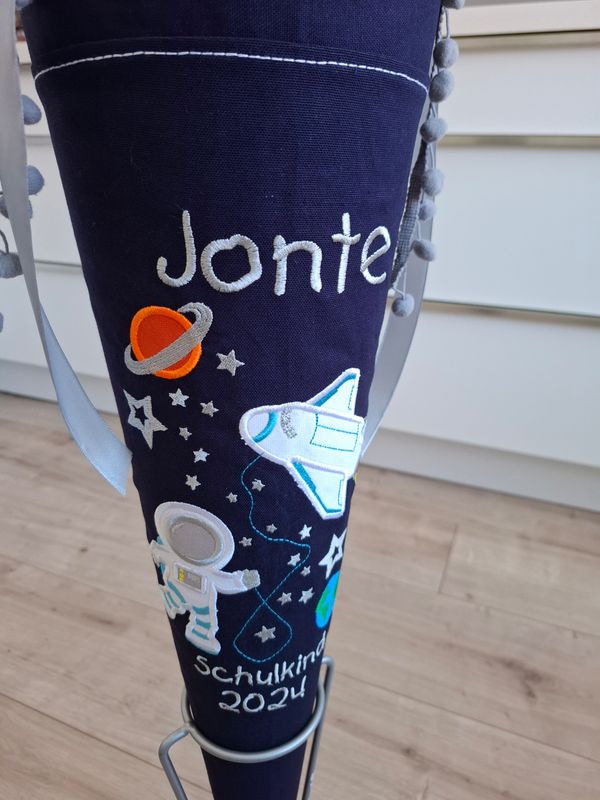 Schultüte aus Stoff "Weltraum & Shuttle" – Navy/Türkis– 70cm