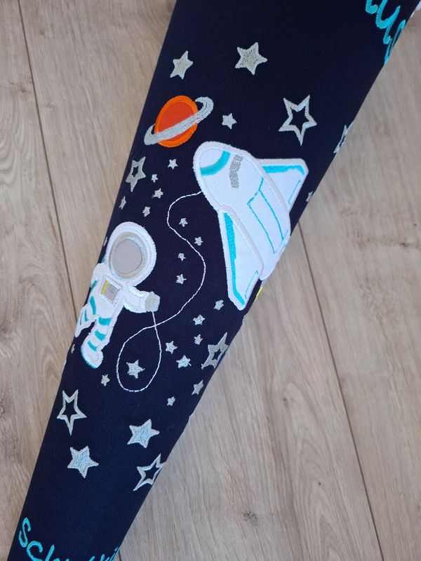 Schultüte aus Stoff "Weltraum & Shuttle" – Navy/Türkis – 70cm