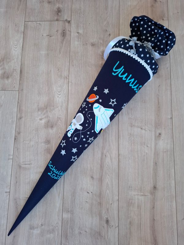 Schultüte Spaceshuttle dunkelblauer Canvas klassisch - türkis Schrift