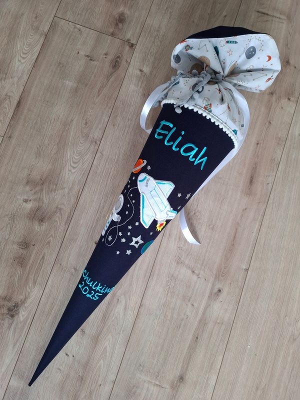 Schultüte Spaceshuttle - dunkelblauer Canvas - heller Weltraumstoff &  türkis Schrift