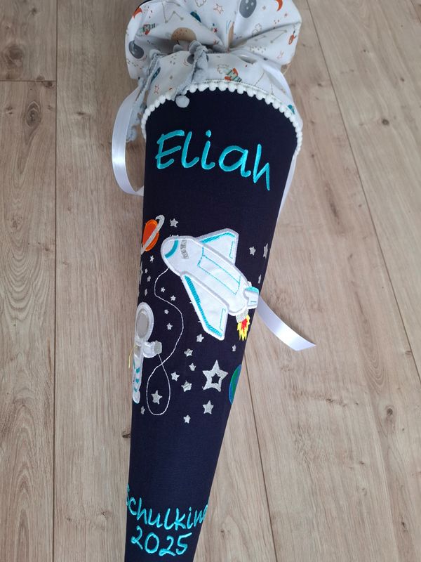 Schultüte aus Stoff "Weltraum & Shuttle" – Navy/Türkis – 70cm