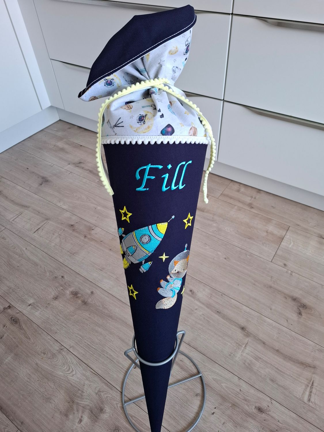 Schultüte aus Stoff  Fuchs Astronaut – Navy/Türkis – 70cm