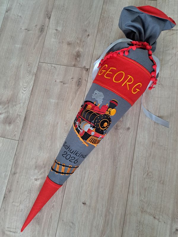 Schultüte aus Stoff "Eisenbahn" – Grau/Rot – 70cm