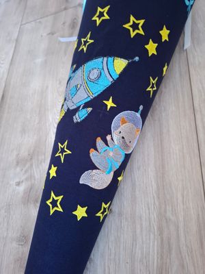 Schultüte aus Stoff Fuchs & Rakete – Navy/Petrol – 70cm