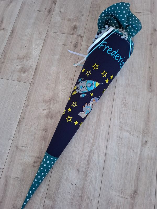 Stoff-Schultüte Weltraum mit Namen – Astronauten Fuchs & Rakete