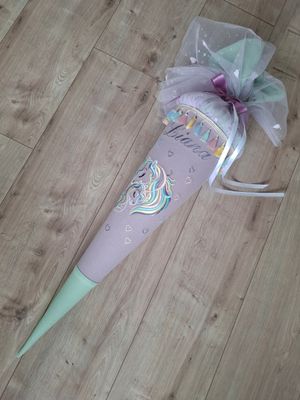 Schultüte aus Stoff Einhorn mit Kind – Mint/Flieder – 70cm