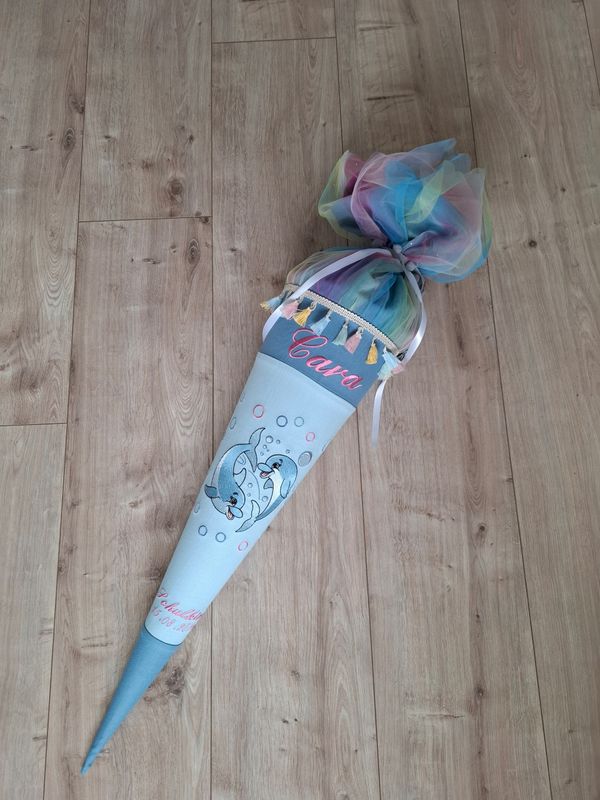 Stoff-Schultüte Delfin hellblau rauchblau 70 cm Stoff-Schultüte Delfin hellblau rauchblau 70 cm