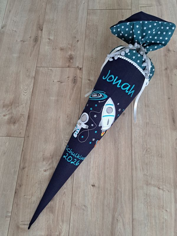 Schultüte aus Stoff "Weltraum & Rakete" – Navy/Petrol – 70cm