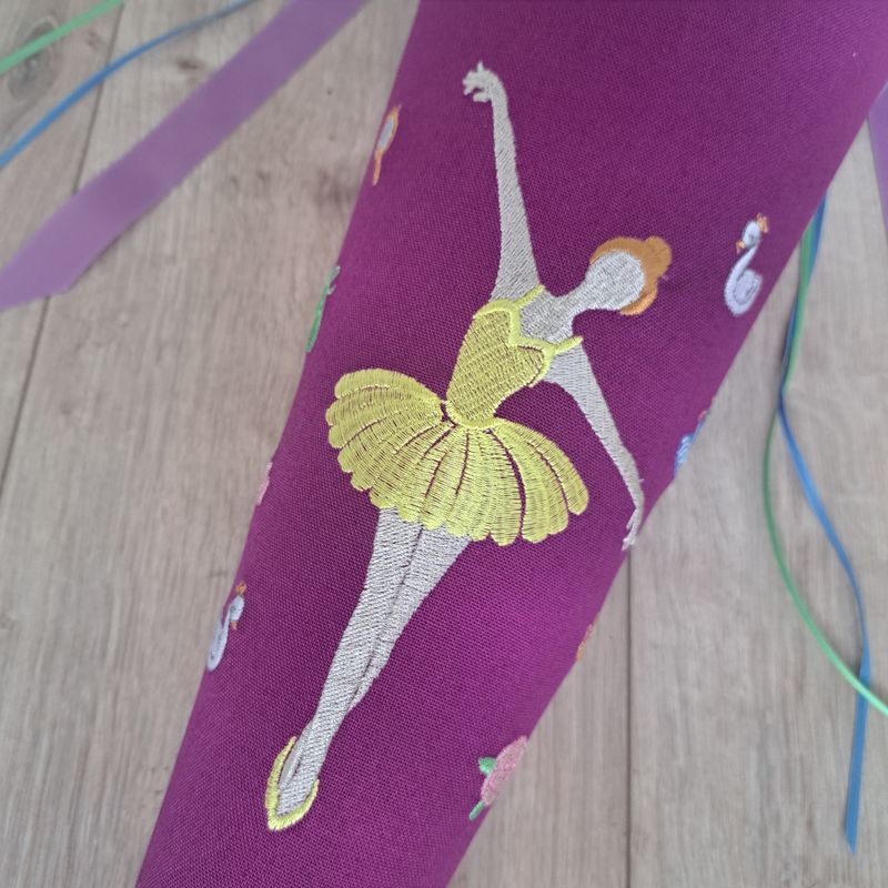Ballett Schultüte mit Ballerina aus Stoff – Beere/Rauchblau – 70cm