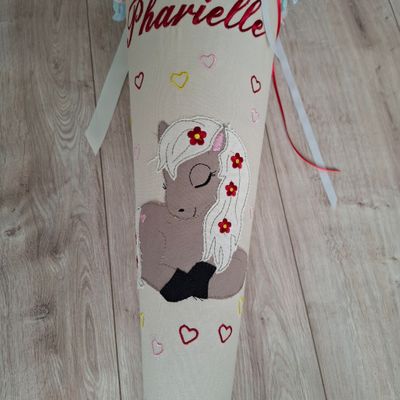 Pferde Schultüte aus Stoff königsblau/rosa 70 cm