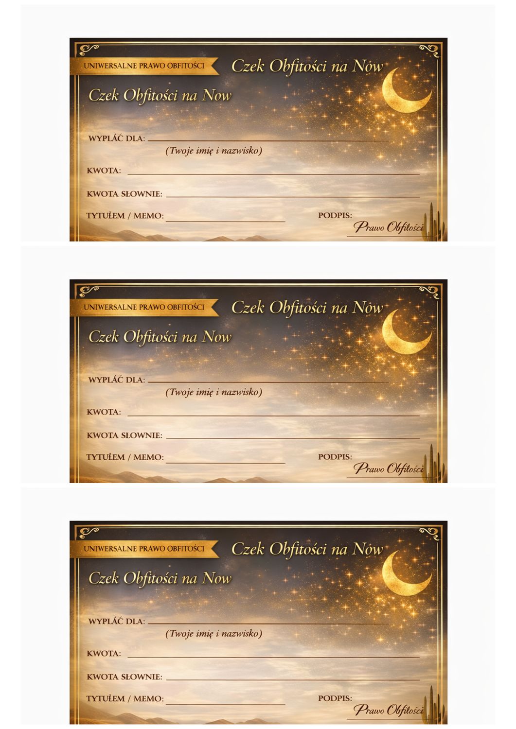 3 czeki na nów do wydrukowania