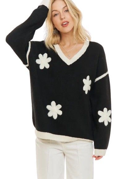 Women&#39;s Floral V-Neck Drop Shoulder Sweater Top