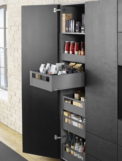 SPACE TOWER pull-out larder in Orion grey matt with gallery rail