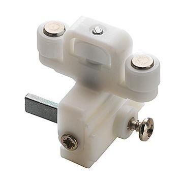 Sliding door tracking mechanism, plastic/metal construction