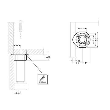 Socket, bolt or screw fix, 58x65mm, black plastic