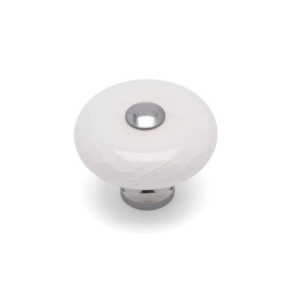 Crackle Round Knob, 38mm Diameter - Chrome / White Crackle