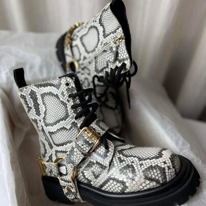 MOSCHINO COMBAT BOOTS PYTHON-PRINT CALFSKIN COMBAT BOOTS