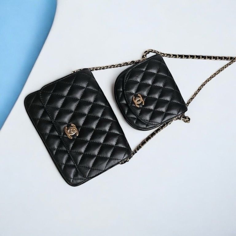 Rare Chanel Black Lambskin Quilted Side Pack Double Bag