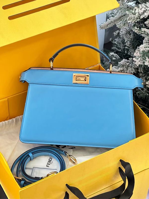 FENDI  Vitello King Luxor Shiny Nappa Medium Peekaboo I SEE U East West Satchel Cyber Blue Light Rose