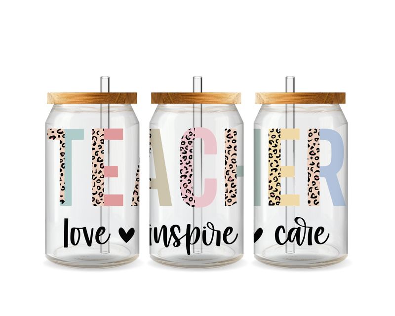 Teacher Glass Can Tumbler – Love • Inspire • Care