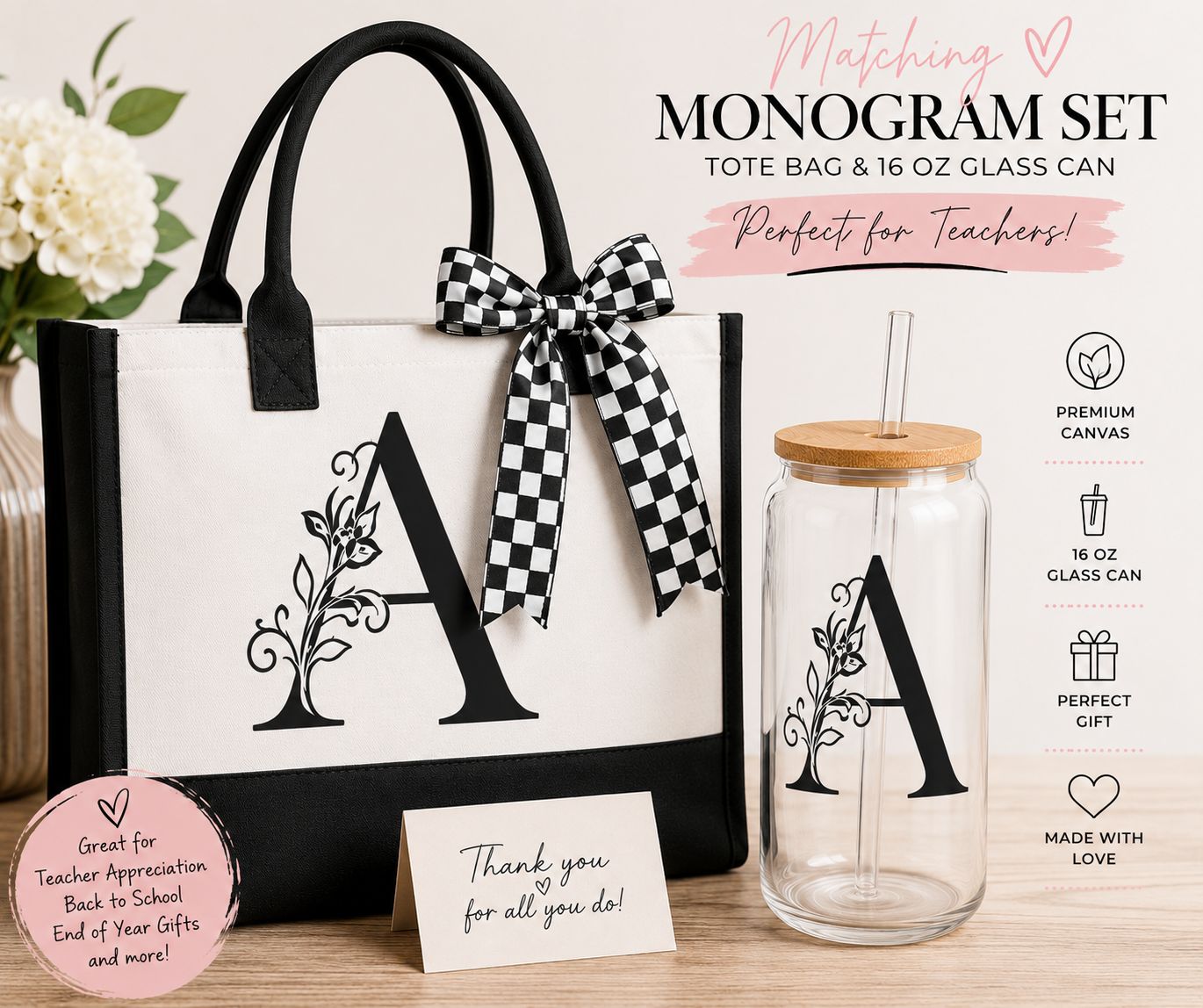 Matching Monogram Tote &amp; Glass Can Gift Set