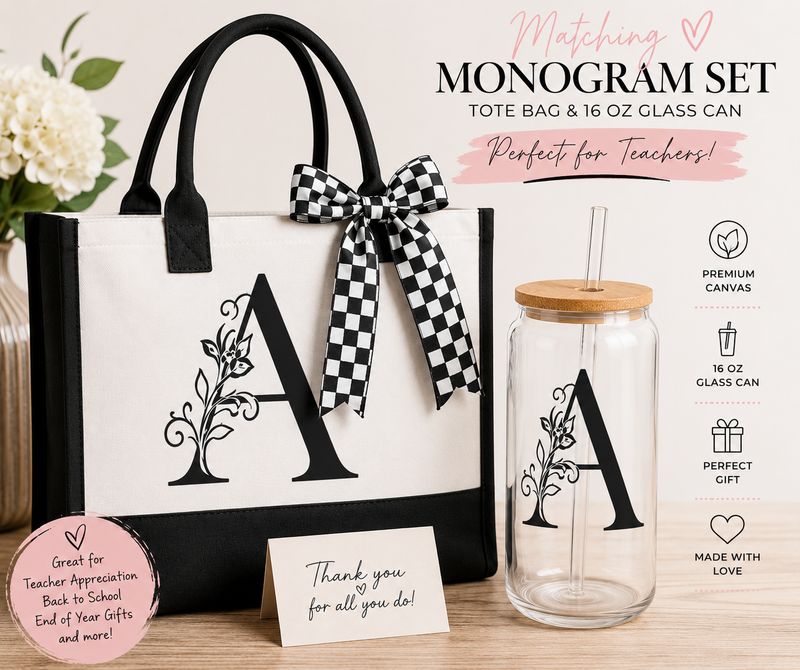 Matching Monogram Tote &amp; Glass Can Gift Set