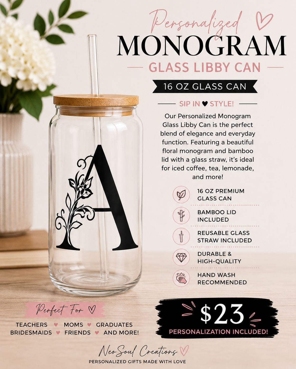 Personalized Monogram Glass Libby Can