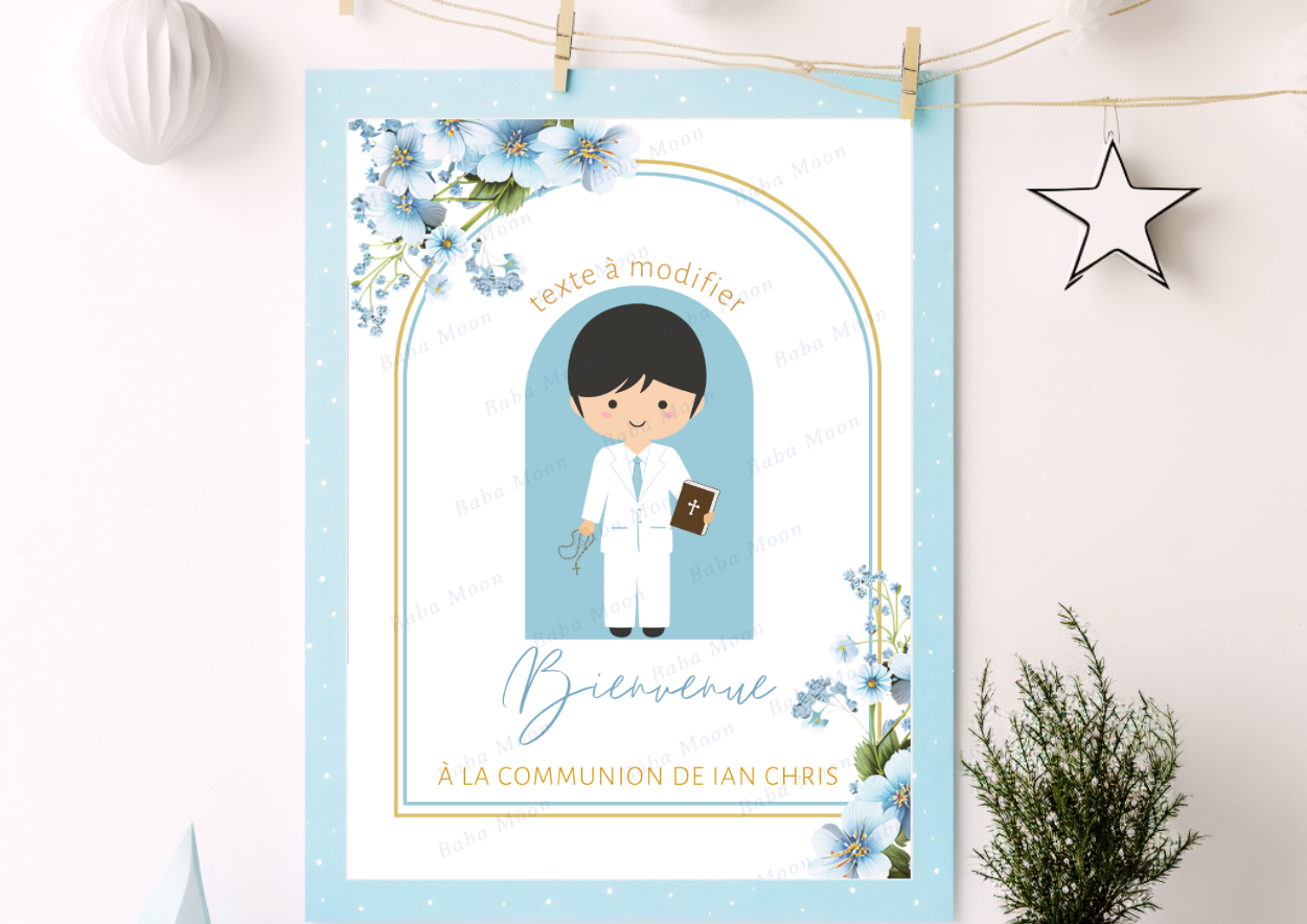 COMMUNION bleu clair or blanc et fleurs - Pack numérique