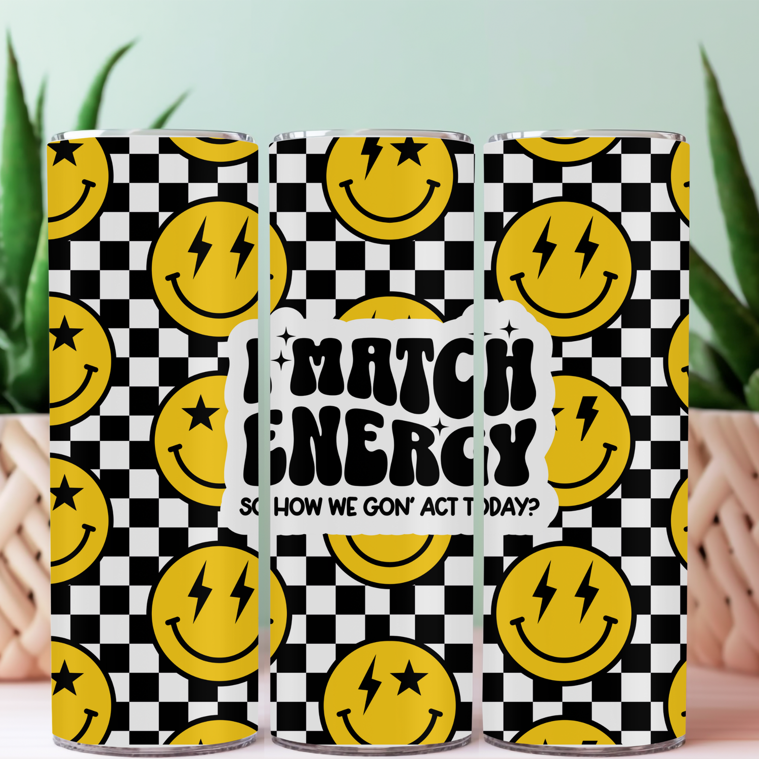 I MATCH ENERGY CHECKERED YELLOW SMILEY FACE TUMBLER