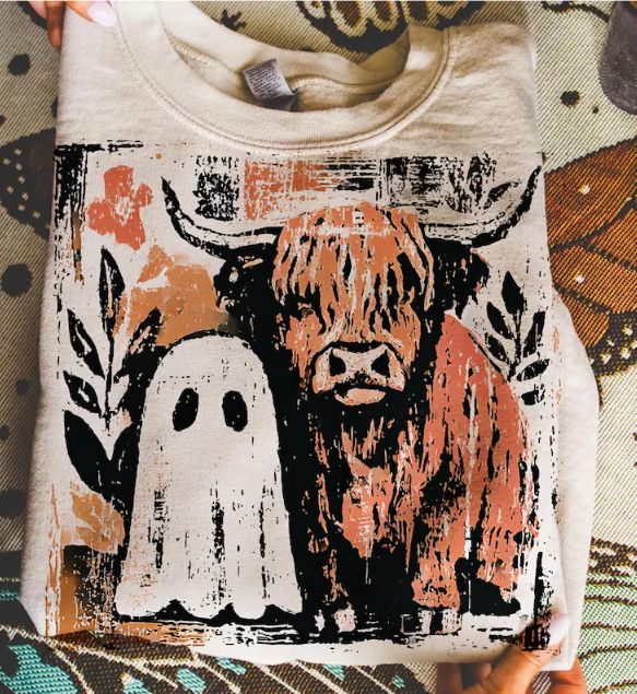 CUTE FALL HIGHLAND COW &amp; GHOST