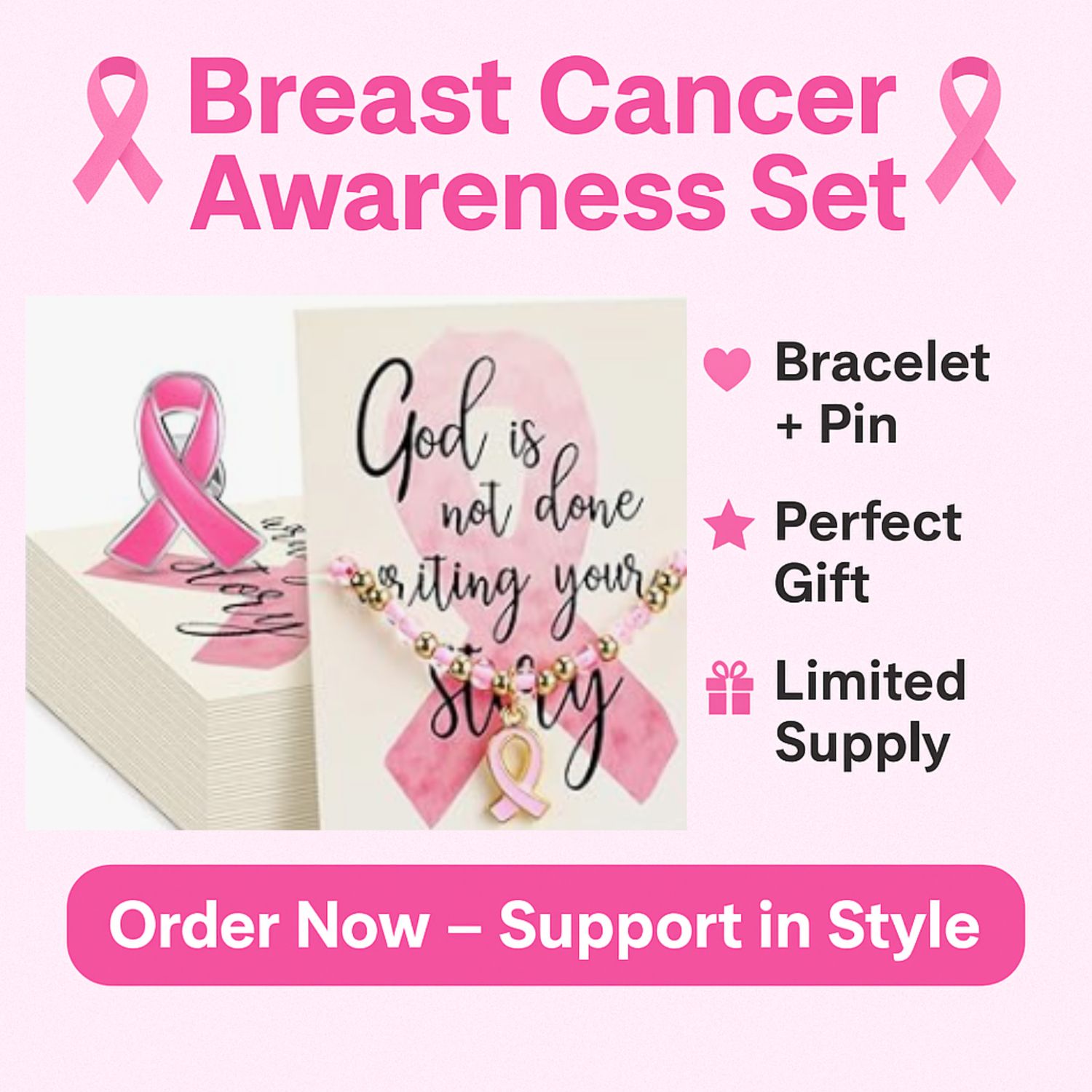Breast Cancer Awareness Bracelet and Pin Set