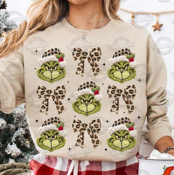 FAUX YARN LEOPARD BOW AND GRINCH