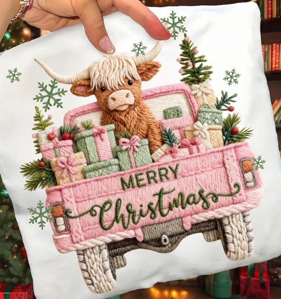 PINK TRUCK HIGHLAND COW CHRISTMAS