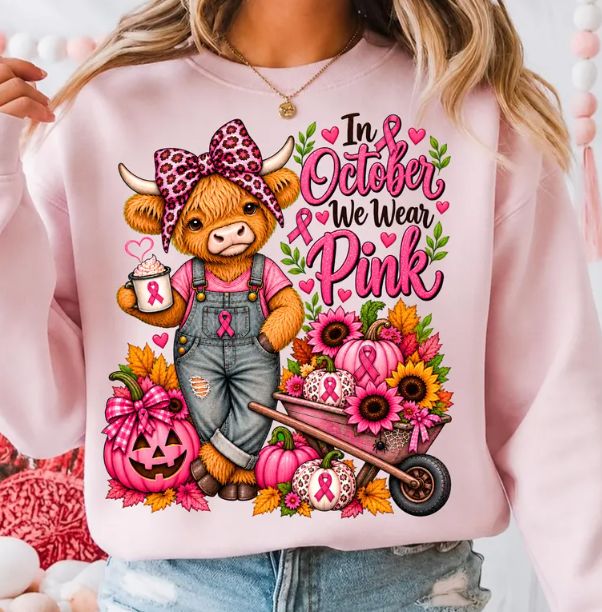 HIGHLAND COW IN OCTOBER WE WEAR PINK