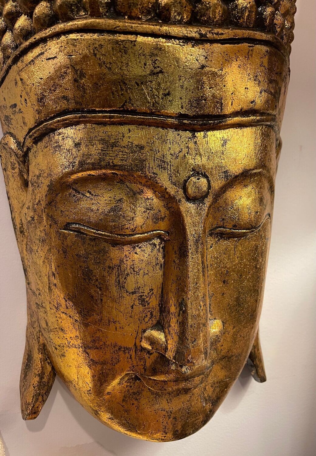 Gold Leafed Buddha Mask Asian Wood Carving Hand Carved Palm Wood Eastern Art Chinese New Year Wall Art