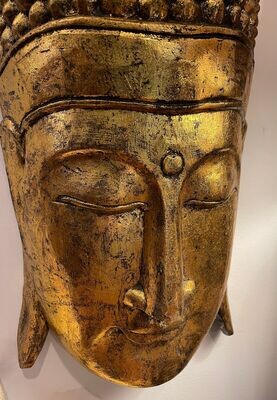 Gold Leafed Buddha Mask Asian Wood Carving Hand Carved Palm Wood Eastern Art Chinese New Year Wall Art