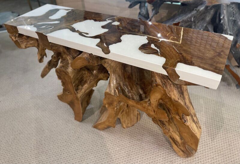 Teak Root Console Table w/ Epoxy Resin Live Edge Driftwood Sofa Table