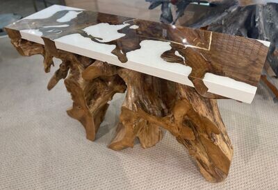 Teak Root Console Table w/ Epoxy Resin Live Edge Driftwood Sofa Table