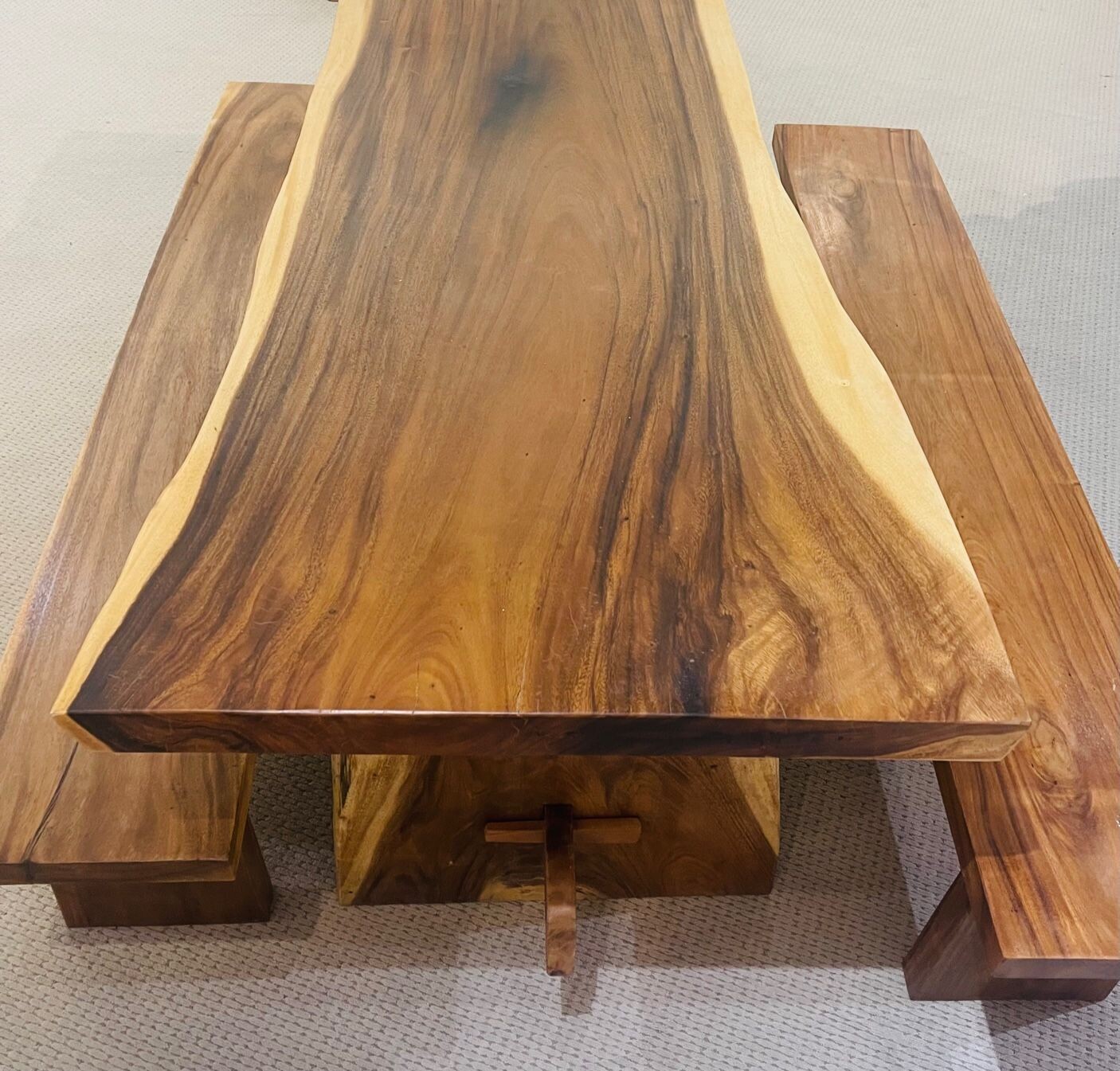 Solid Teak Wood Dining Table Set with Two Solid Wood Benches