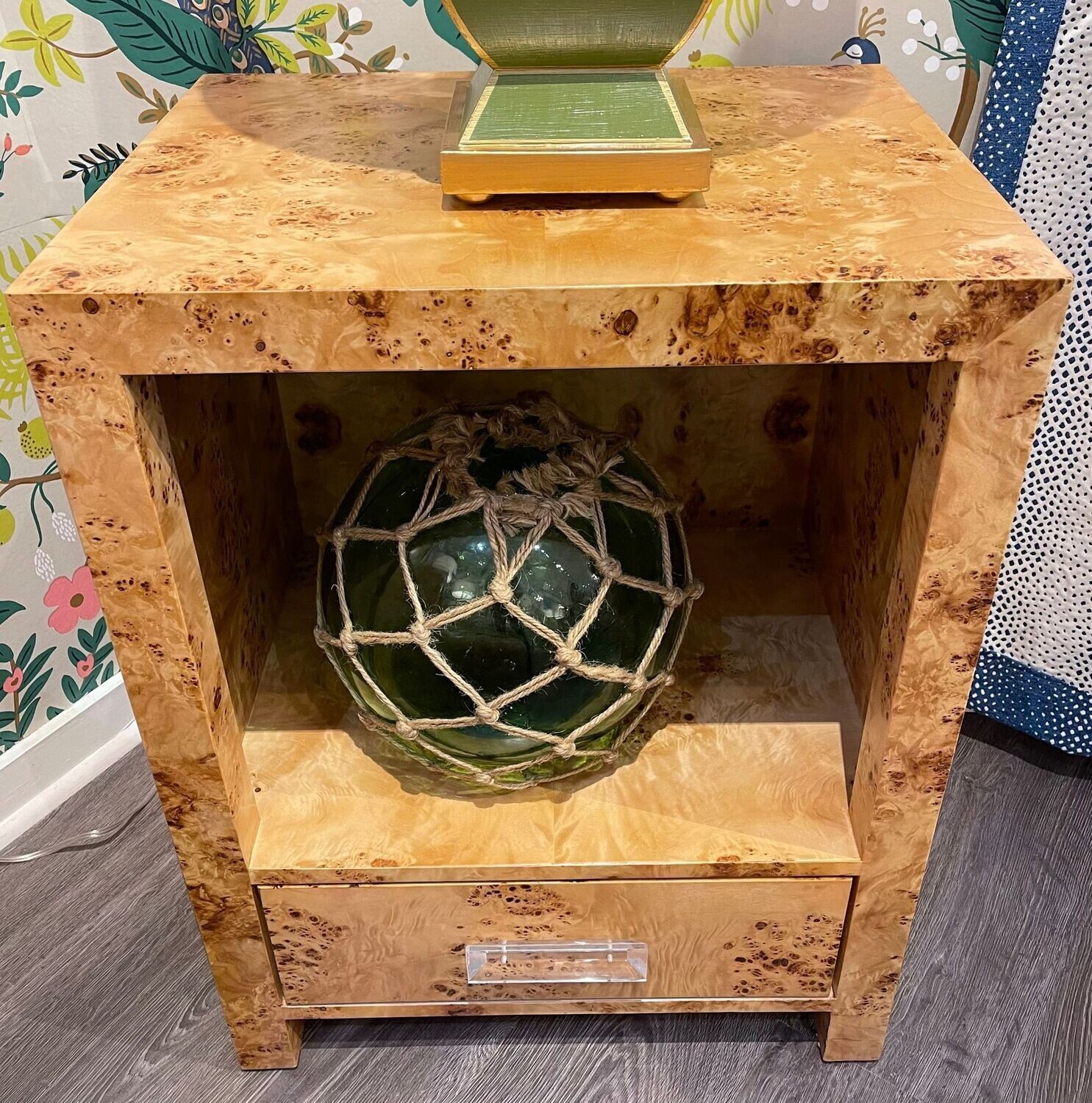 Pair of genuine mappa burl wood contemporary nightstand end tables w/ 1 lower drawer & upper cubby shelf Made in USA