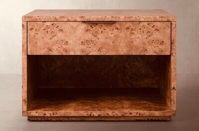 Pair of Custom Made to Order 24" W x 22" H x 17" D Caramel Burl Nightstands with Single Top Drawer  & Lower Cubby Shelf Made in USA