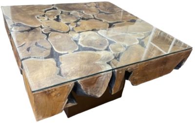 Teak Driftwood Teak Root Coffee Table with Glass Top